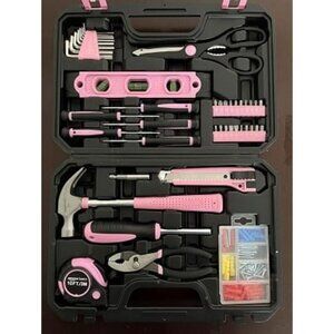 New Household Tool Kit, Storage Case, 142 Piece, Pink, 13.39 x 9.25 x 2.95 inch